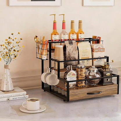 Countertop Coffee Syrup Rack Organizer, 4-Tier Wooden Holder Stand with 36 K Cup Storage Drawer for Coffee Bar Accessories,Condiment Storage Shelves for Kitchen,Home,Office,Restaurant