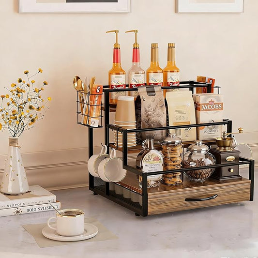 Countertop Coffee Syrup Rack Organizer, 4-Tier Wooden Holder Stand with 36 K Cup Storage Drawer for Coffee Bar Accessories,Condiment Storage Shelves for Kitchen,Home,Office,Restaurant