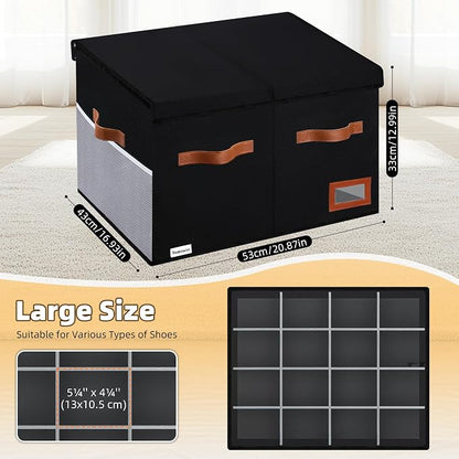 Supowin Shoe Organizer for Closet, Foldable Shoe Storage Bins with Lid & Adjustable Dividers, Fabric Shoe Box Storage Containers with Four Reinforced Handles, Fits 16 Pairs, 1 Pack, Black