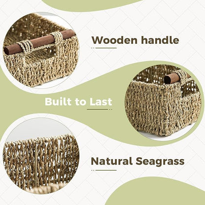 2 Pack Wicker Basket with Wooden Handles for Shelves, Handmade Storage Baskets for Home Organizing, Decorative Organizer Bins for Living Room Bathroom, Bedroom, Kitchen