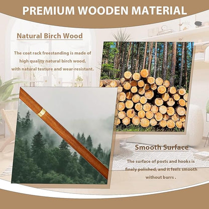Solid Wooden Coat Rack Stand, Coat Racks Freestanding with 6 Hooks, Natural Birch Wood Coat stands with Sturdy Round Base, Tree Coat Hanger Standing for Entryway Bedroom Office (Tree Design2)