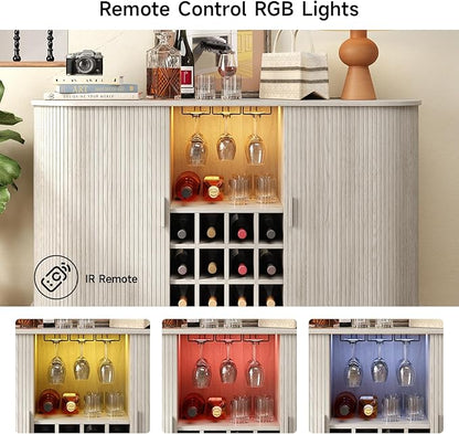 ONBRILL 55" Wine Bar Cabinet with Storage, Fluted Liquor Bar for Home, Coffee Bar Cabinet with Wine Rack and Glass Holder, Buffet Sideboard with LED Lights for Kitchen Living Dining Room Natural White