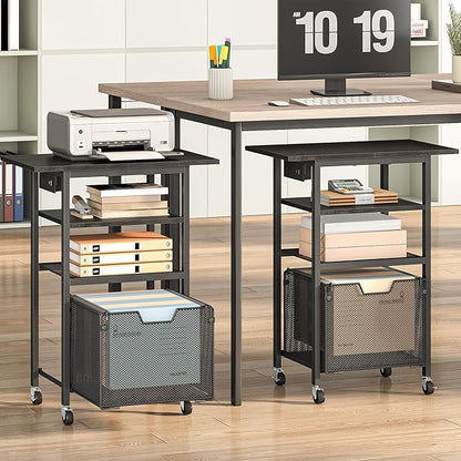 HOOBRO Printer Stand, Printer Table with Charging Station, Printer Cart with Hanging File Folder Organizer, Rolling File Cabinet Cart, Shelf for Home Office, Black BB17UPS01