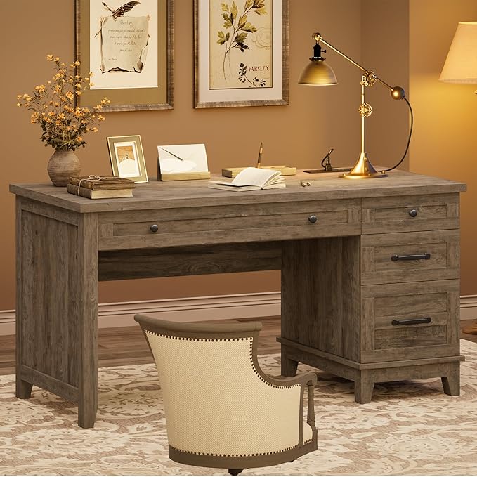 53.5" Farmhouse Home Office Desk with File Cabinet, Wooden Executive Desk with Power Outlet, Work Desk with Drawers, Traditional Wood Desk for Home and Office, Gray