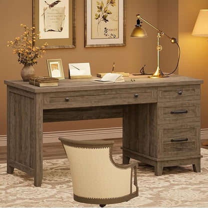 53.5" Farmhouse Home Office Desk with File Cabinet, Wooden Executive Desk with Power Outlet, Work Desk with Drawers, Traditional Wood Desk for Home and Office, Gray