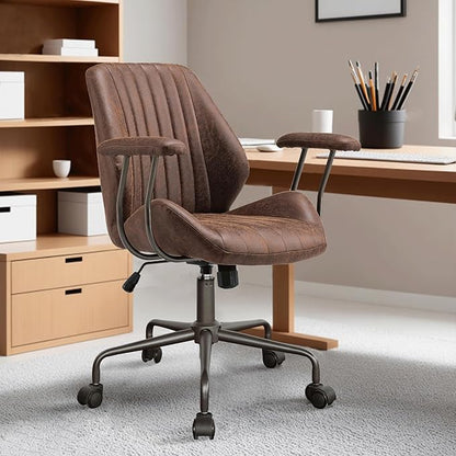 ovios Home Office Chair, Mid-Century Modern Faux Suede Leather Ergonomic Chairs, Mid Back Comfy Computer Swivel Rolling Task Executive Armchair, Dark Brown