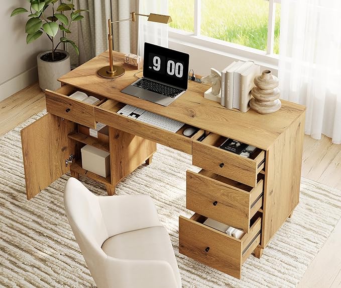 WAMPAT Executive Desk with Drawers & Storage Cabinet, 58 Inch Modern Wooden Office Desk with Charging Station & Keyboard Tray, Home Office Large Computer Desk, Work & Study Writing Desk, Oak Brown