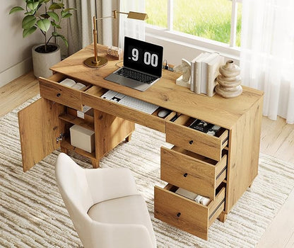 WAMPAT Executive Desk with Drawers & Storage Cabinet, 58 Inch Modern Wooden Office Desk with Charging Station & Keyboard Tray, Home Office Large Computer Desk, Work & Study Writing Desk, Oak Brown