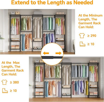 H11 Large Clothing Rack for Hanging Clothes Heavy Duty Garment Rack, Freestanding Wardrobe Closet Organizer and Storage with Expandable Hanger Rods, Extendable from 7.8 to 10.8 ft, Black
