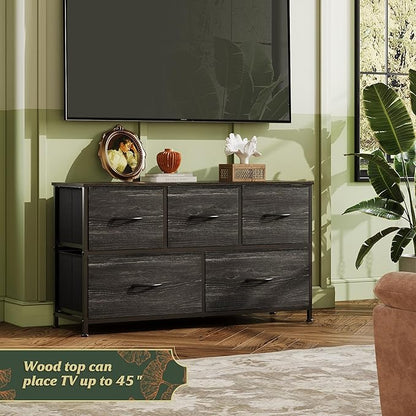 WLIVE Dresser for Bedroom with 5 Drawers, Wide Chest of Drawers, Fabric Dresser, Storage Organizer Unit with Fabric Bins for Closet, Living Room, Hallway, Charcoal Black Wood Grain Print