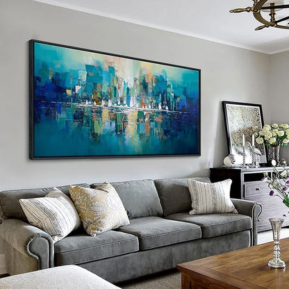 YDYSUNE Teal and White Abstract City Wall Art - Large Framed Canvas Painting, Contemporary Modern Wall Decor Picture & Artwork for Living Room, Office, Bedroom, Ready to Hang Size 29x58 Inch