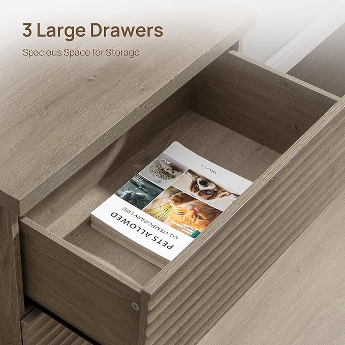 SICOTAS Fluted Sideboard Buffet Cabinet with Storage, Modern Credenza Storage Cabinet with 3 Larger Drawers, Mid Century Coffee Bar Table for Living Room Entryway Kitchen, Grey Alder (2 PCS)