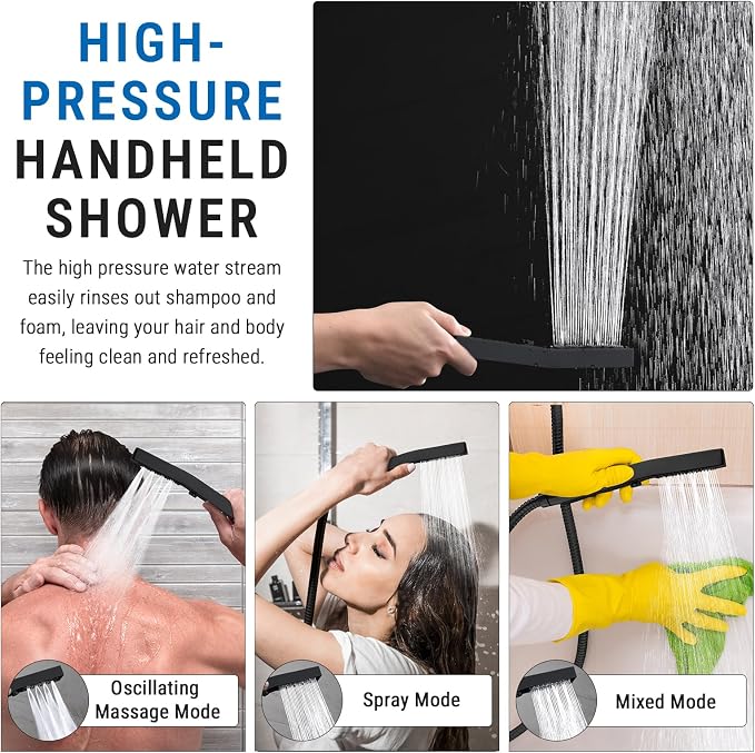 G-Promise All Metal 16 Inch Rain Shower Head with Massage Mode Handheld Spray Combo, 3-Way Diverter with Pause Setting, Full Body Coverage, Modern Bathroom Upgrade (Matte Black)