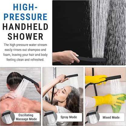 G-Promise All Metal 16 Inch Rain Shower Head with Massage Mode Handheld Spray Combo, 3-Way Diverter with Pause Setting, Full Body Coverage, Modern Bathroom Upgrade (Matte Black)