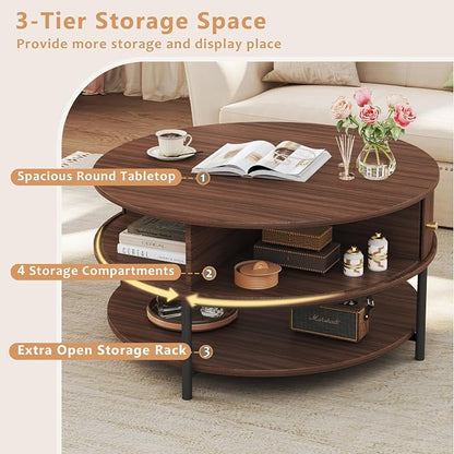 HUAHUU 31.5" Round Coffee Table with Storage, Mid Century Modern Coffee Table with Sliding Cabinet Door, Round Metal Legs, 3-Tier Small Round Coffee Tables for Living Room, Walnut
