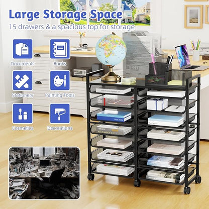 Simple Trending 15-Tier Rolling File Cart, Desk File Organizer with 14 Mesh Sliding Trays, Letter & Legal Paper Storage Rolling Utility Cart for Office Home School, Black