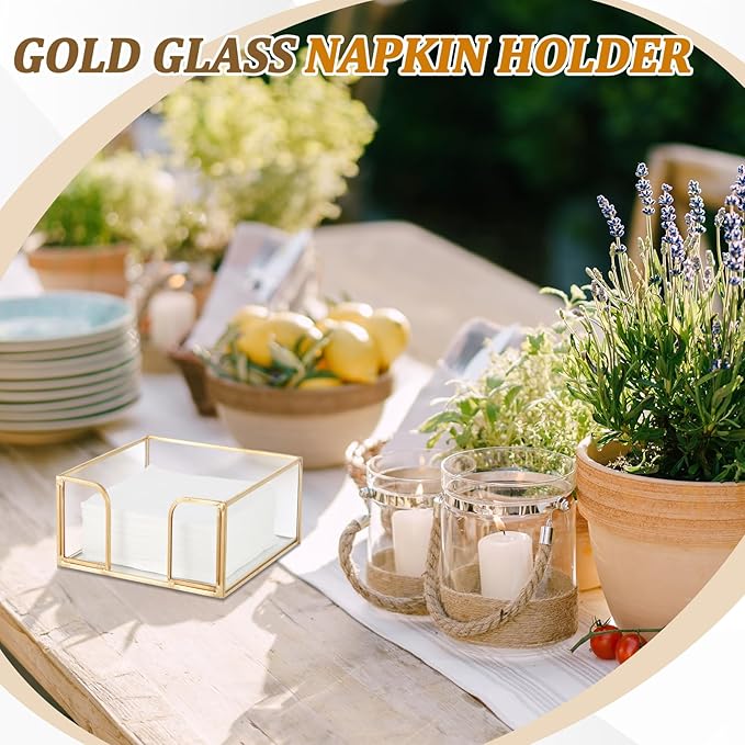 LemonRoad 2 Pcs Square Gold Napkin Holder for Table 5.7 x 5.7 Inch Decorative Cocktail Napkin Holder Glass Flat Paper Basket for Kitchen Dining Buffet Bar Counter Wedding Party Restaurant Bar Hotel