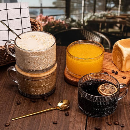 Vintage Coffee Mugs 4pcs Set, 14 Oz Glass Coffee Cups Gifts for Women, Overnight Oats containers with Bamboo Lids and Spoons,Clear Embossed Glass Cups,Cute Coffee Bar Accessories, Iced Coffee Glasses | Clear