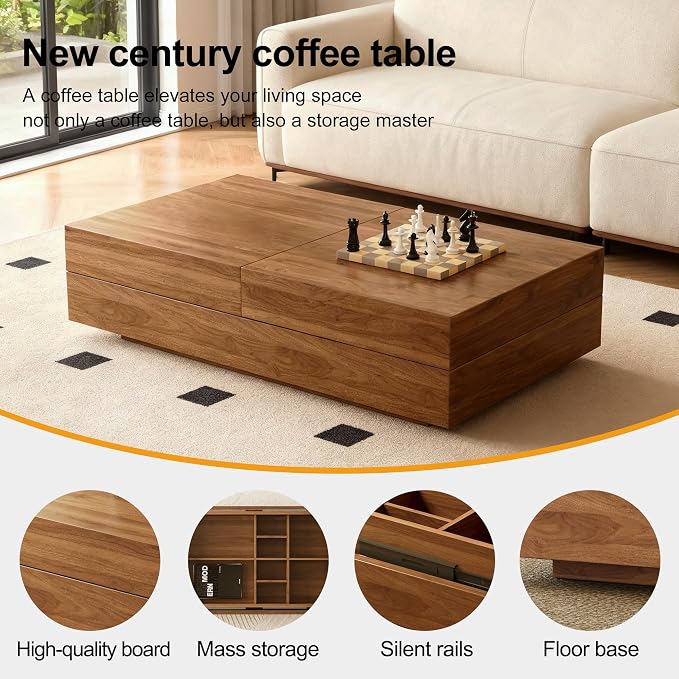 Mid-Century Modern Farmhouse 47.2-81.8" Expandable Coffee Table，Adjustable Center Table with Large Storage for Living Room, Walnut