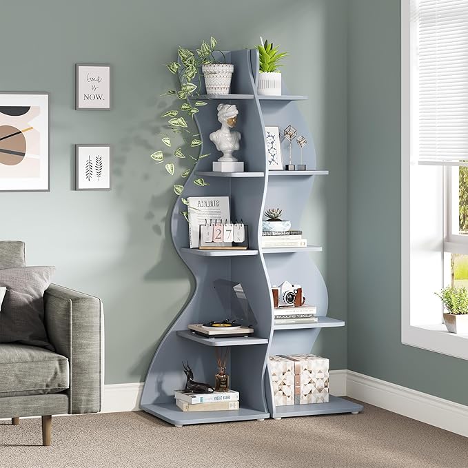 Tribesigns Corner Shelf, Modern 5-Tier Wall Corner Bookshelf, Stylish Corner Small Bookcase Storage Rack Plant Stand with Unique Shape for Living Room, Home Office (Blue, 2PCS)