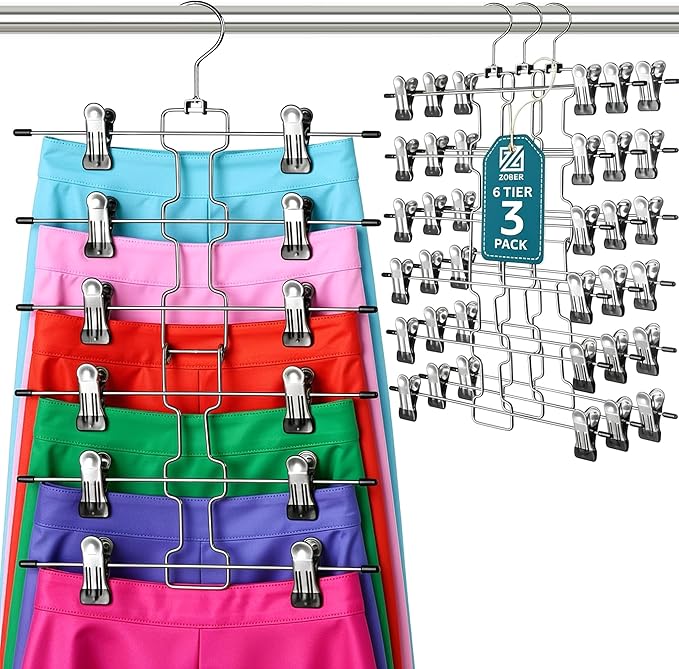 Zober 6-Tier Skirt Hangers with Clips - Metal, Non-Slip Space Saving Pants Hangers W/Adjustable Clips & Swivel Hooks - Skirt Hangers for Women (3-Pack)