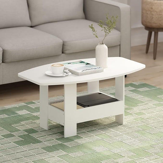 Furinno Simple Coffee Table with Lower Shelf, 2-Tier Modern Coffee Table, Roundecorner Side Table, for Living Room, Bedroom, Home Office, Plain White