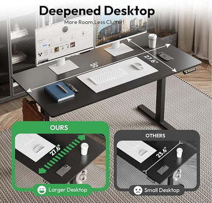 Large Electric Standing Desk,55x28 Inches Adjustable Height Stand up Desk, Sit Stand Home Office Desk, 3 Preset Heights,Equipped with Hooks,Ergonomic Computer Desk Workstation，Black