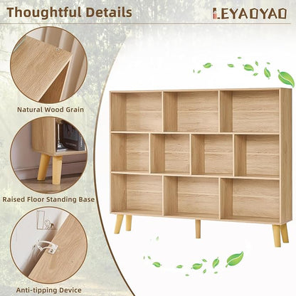 LEYAOYAO 10 Cube Bookshelf, 3 Tier Vintage 55" Wide Bookcase with Legs, Mid-Century Wood Bookshelves Storage, Light Wood Large Book Case, Freestanding Organizer Display Shelf for Living Room, Office