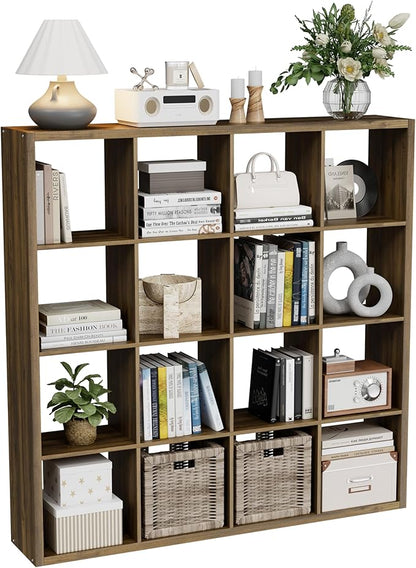 Cube Storage Organizer Bookcase, Decorative 11 inch Open Back Cubical Shelf with Thickened Border, Display Bookshelf for Living Room, Home Office, Sturdy Room (Brown, 16 Cube)