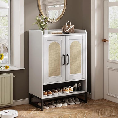 Shoe Cabinet Storage for Entryway, Wooden Shoe Cabinet with 2 Rattan Doors and Adjustable Shelves, Tall Shoe Rack Cabinet for Hallway, Living Room, Modern (White)