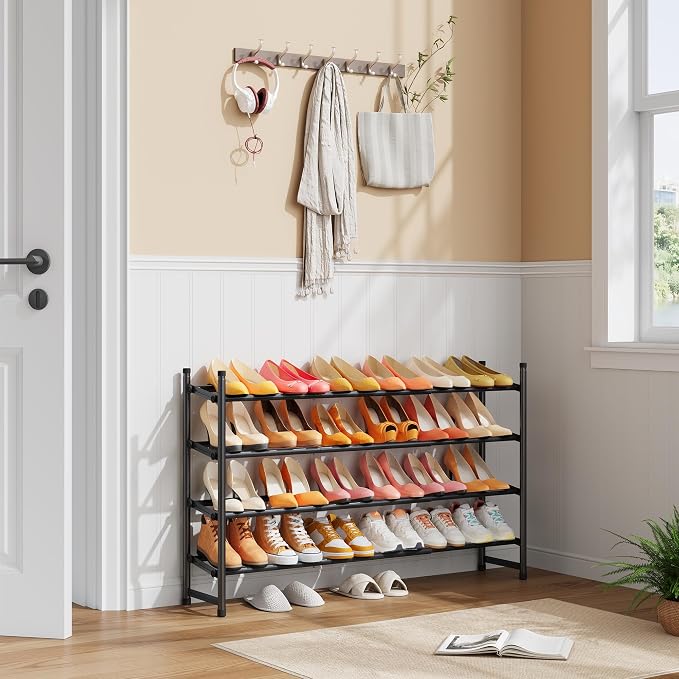 Tajsoon Expandable Shoe Rack for Closet 4 Tier, 29“-41“Adjustable & Stackable Shoe Shelf Storage, Metal Shoe Rack Organizer for Front Door Entrance, Closet, Garage, Entryway, Black