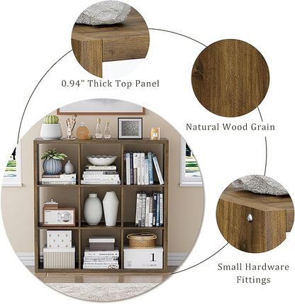 Cube Storage Organizer Bookcase, Decorative 11 inch Open Back Cubical Shelf with Thickened Border, Display Bookshelf for Living Room, Home Office, Sturdy Room (Brown, 9 Cube)