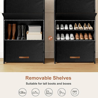 Shoe Rack, 7 Tier Shoe Storage Cabinet with Door 28 Pair Plastic Shoe Shelves Organizer for Closet, Entryway, Hallway, Bedroom, Black