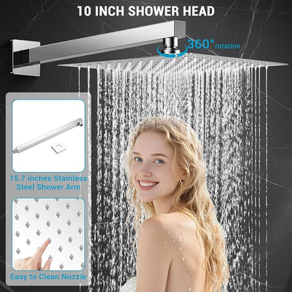 10" Square Rain Shower Faucet Set, Wall Mount, Chrome | 304 SS, air tech boosts pressure 50%, dual spray, anti-fingerprint
