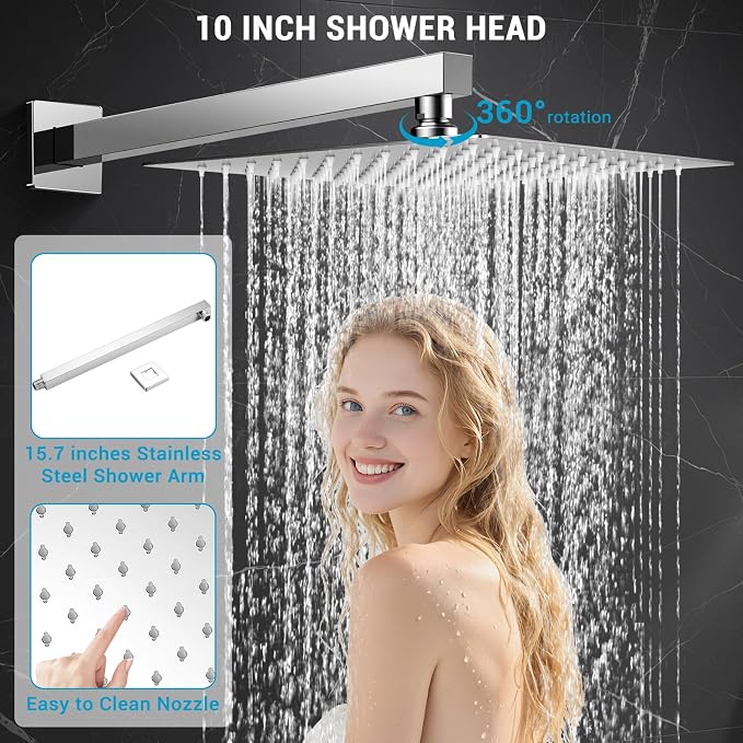 10" Rain Shower Faucet Set with Tub Spout, Chrome | Anti-scald cartridge, air tech boosts pressure 50%, 3-func diverter, NPT 1/2