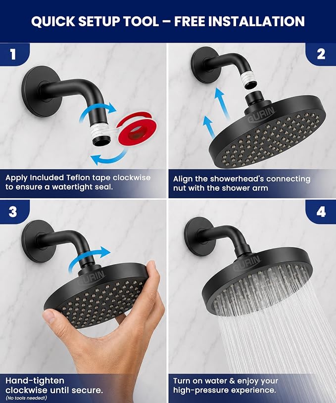 GURIN Shower Head - Powerful High Pressure Rain Shower Head 6 Inch - Luxury Rainfall Showerhead with Adjustable Angles, 90 Anti-Clog Nozzles, Tool-Free 1-Min Install, Premium Matte Black Finish