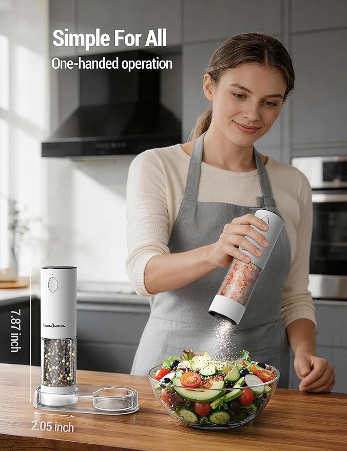 ThermoMaven Electric Salt and Pepper Grinder Set, 110ml Larger Rechargeable Automatic Salt and Pepper Mill Grinder with 6 Adjustable Coarseness, Electric Salt and Pepper Shakers, LED, Snow White