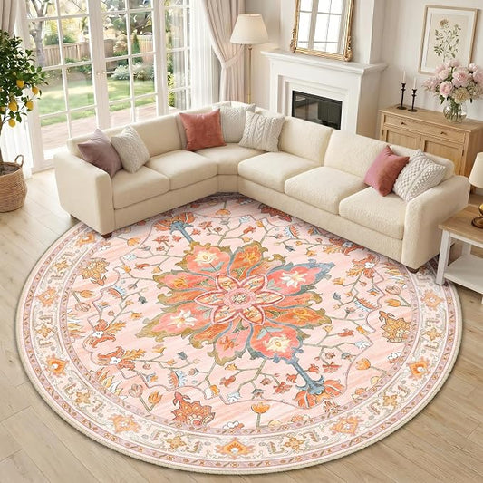 RELEANY Area Rugs Round 10ft Washable Non-Slip, Floral Vintage Distress Medallion Carpet for Living Room Bedroom Dining Room, Light Pink Colorful
