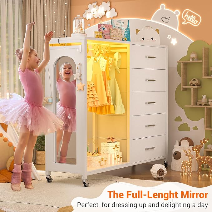 Cyclysio Dresser for Bedroom with Clothes Rack & Mirror, 5 Fabric Drawers Dresser with Charging Station & LED Lights, Rolling Chest of Drawers with Wheels, Full Length Mirror, Wooden Top, Closet