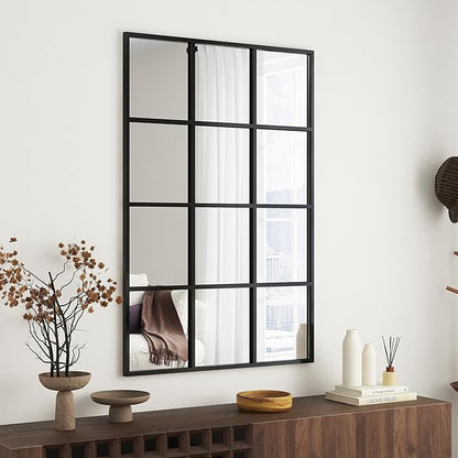 Metal Window Mirror Oversize, 47'' x 32'' Large Decorative Wall Mirror, Mirror Window for Wall Decor, Grid Wall Mirror for Living Room, Bedroom, Entryway, Matte Black