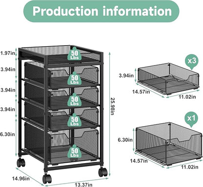 keomaisyto 5-Tier Kitchen Storage Cart with Top Basket & Drawers, Fruit and Vegetable Storage Rack on Wheels, Metal Rolling Cart with Drawers & Kitchen Organization for Snacks, Potatoes, Onions, Cans