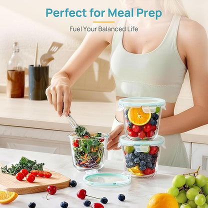 Vtopmart 5Pack 24oz Glass Storage Containers with Lids, Glass Meal Prep Food Container Sets with Snap Airtight Lid for Microwave, Oven, Freezer and Dishwasher, Green, Round