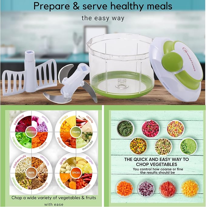Brieftons QuickPull Manual Food Chopper: Large 4-Cup Powerful Hand Pull Chopper/Mincer/Mixer Blender to Chop Onion, Garlic, Vegetables, Fruits, Herbs for Salsa, Salad, Pesto, Puree, Indian Cooking