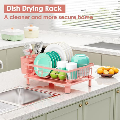 GAOKASE Dish Drying Rack, Stainless Steel-Dish Rack, Dish Racks for Kitchen Counter, Kitchen Dish Drainers with Removable Utensil Holder,New Drain Outlet,Plate Rack and Drainboard,(Pink-11 W x 15" L)