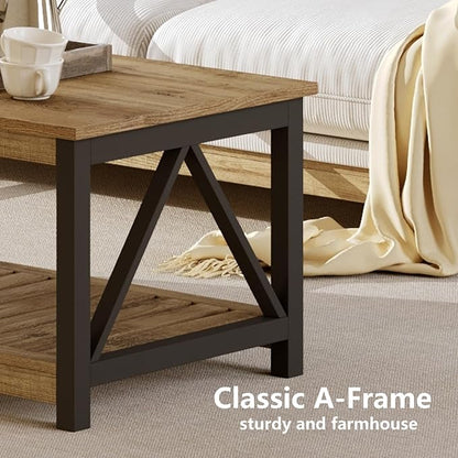 ChooChoo Farmhouse Coffee Table with 2-Tier Storage, 40-Inch Rectangular Wooden Center Table for Living Room, Rustic Oak & Black