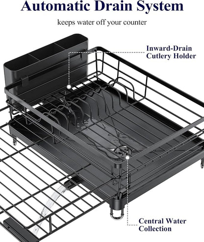 Kitsure Extendable Dish Drying Rack - Rust-Resistant Dish Racks for Kitchen Counter with Adjustable Support Legs, Cutlery Holder & Removable Draining Tray (Black, 15.6''-25.2''L × 16.9''W × 8.1''H)