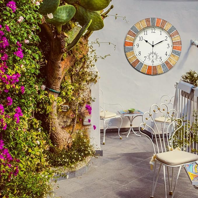 UMEXUS Indoor Outdoor Clock and Thermometer, 13 Inch Large Waterproof Weatherproof Wall Clocks, Retro Silent Non-Ticking Battery Operated Decor for Garden Kitchen Bathroom