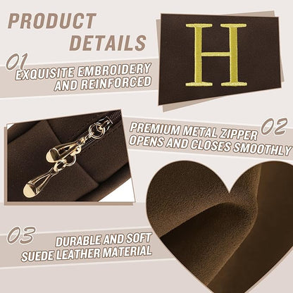 Personalized Initial Makeup Bag,Preppy Suede Cosmetic Bag for Teen Girls,Small Monogram Travel Toiletry Bag With Gold Embroidered Letter,Trendy Stuff Custom Christmas Gift for Women(Coffee-H)