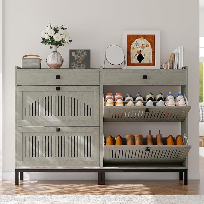 Garvee 2 Flip Drawer Shoe Cabinet with Adjustable Shelves, Hidden Shoe Organizer with Top Drawer, Freestanding Wooden Shoe Rack for Entryway, Hallway, Living Room, Washed Gray
