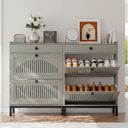Garvee 2 Flip Drawer Shoe Cabinet with Adjustable Shelves, Hidden Shoe Organizer with Top Drawer, Freestanding Wooden Shoe Rack for Entryway, Hallway, Living Room, Washed Gray